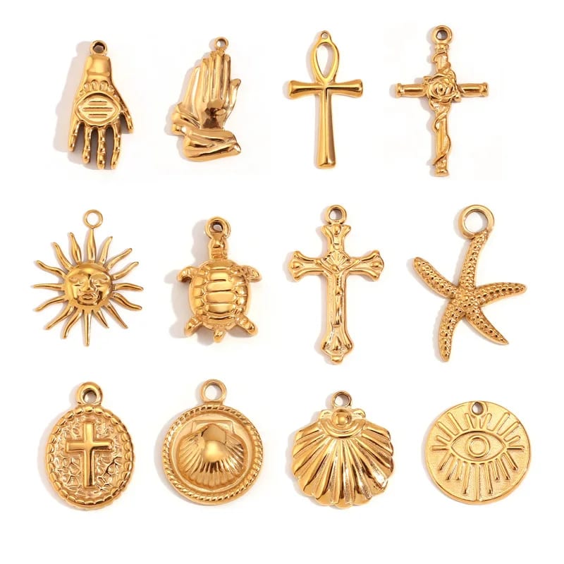 Custom Logo Pendant 18k Gold Stainless Steel Women Men Jewelry Cross Moon Sun Hamsa Hand Pendants And Charms For Diy Necklace Openwork Beads&Charms