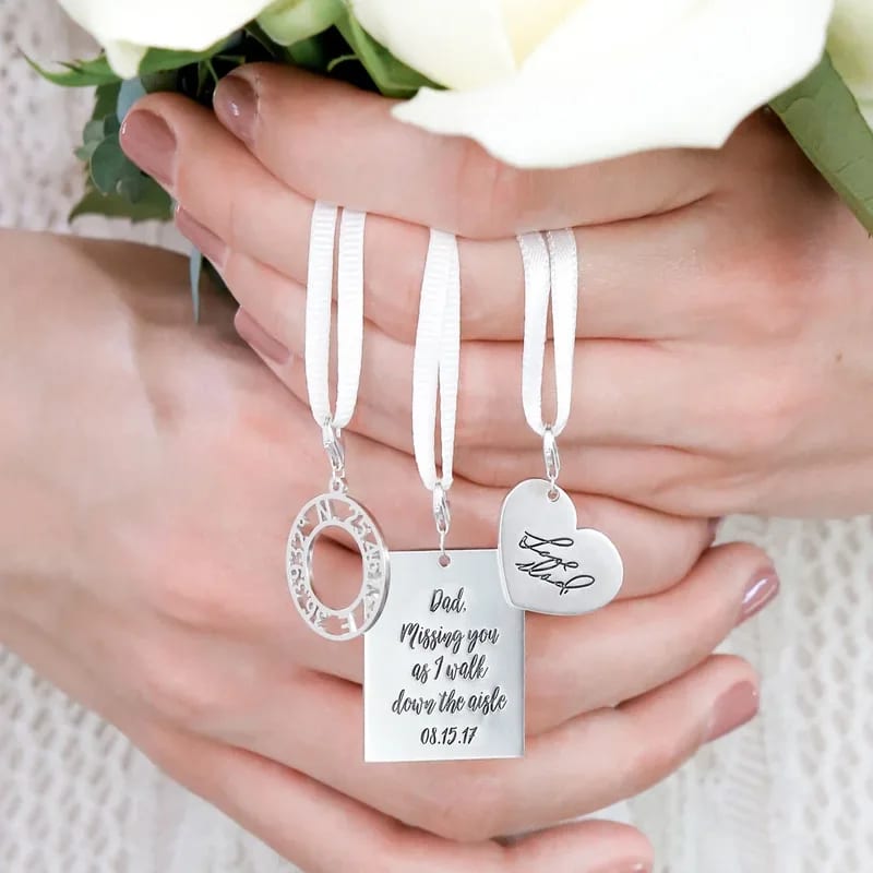 Custom Bridal Handwriting Bouquet Photo Charm Minimalist Gold Both Sides Stainless Steel Memorial Wedding Bouquet Charms Gift Openwork Beads&Charms