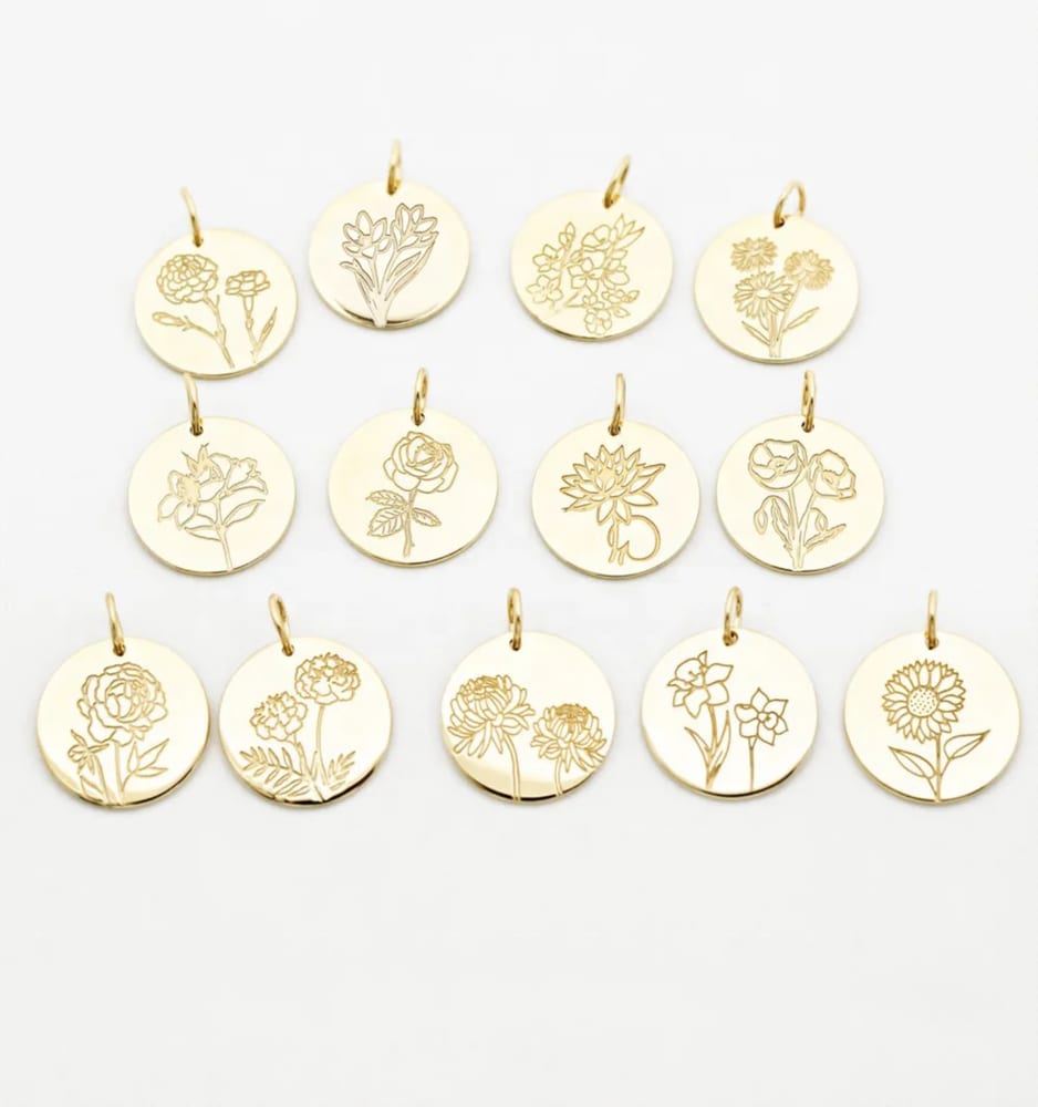Hot Sell Customize Engrave Dainty Birth Month Flower Disc Pendant Charm For Jewelry Making Openwork Beads&Charms
