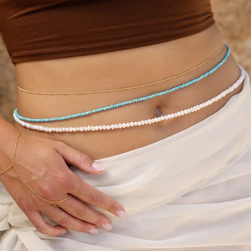 Bikini Waist Belt Belly Body Chain Jewelry Turquoise Freshwater Pearl Stackable Beaded Ladies Sexy Belly Chains Jewelry Body Jewelry