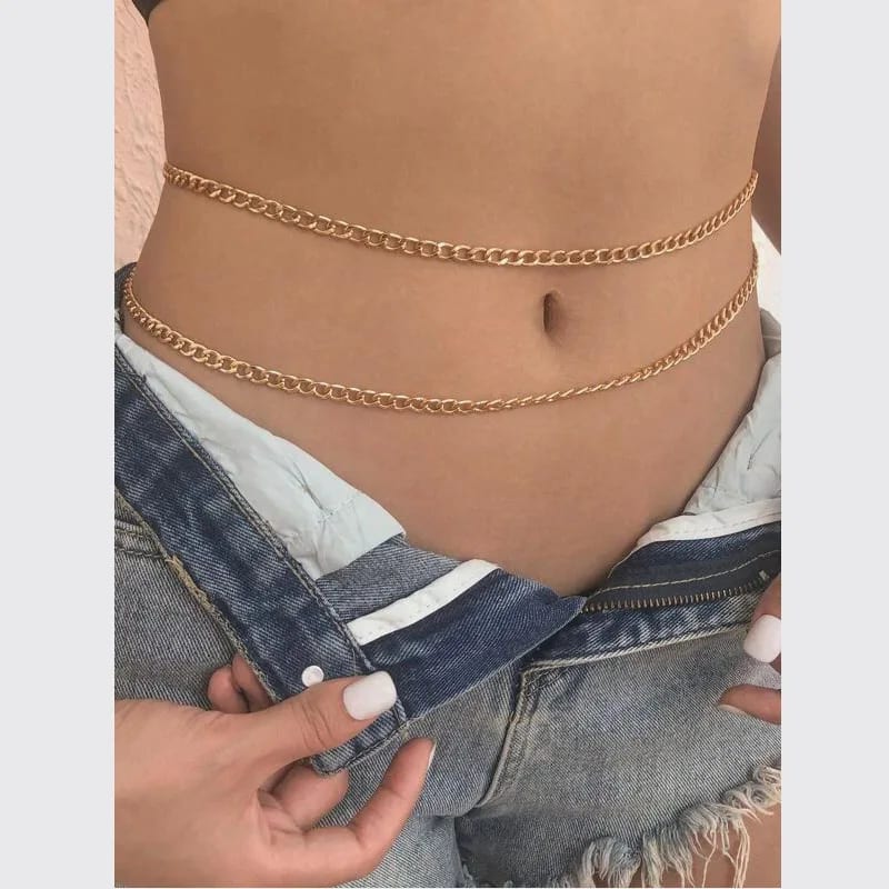 Custom Body Jewelry Waterproof Stainless Steel Gold Plated Cuban Link Curb Belly Waist Chain For Women Body Jewelry