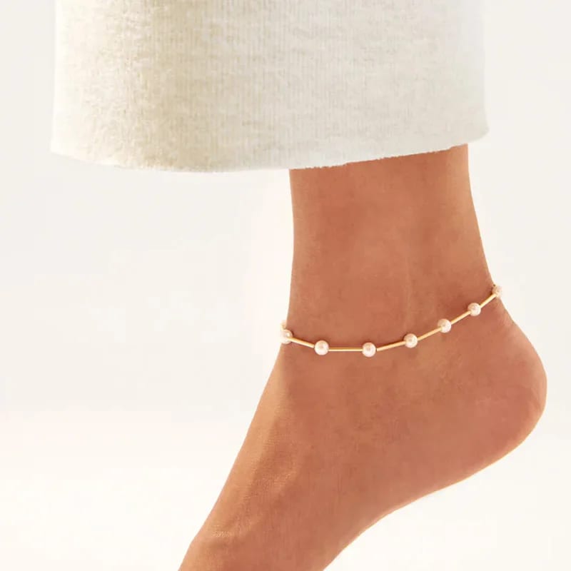 Modern Style Jewelry High Polish Gold Plated Golden Beads With Glass Pearls Anklet For Women Body Jewelry