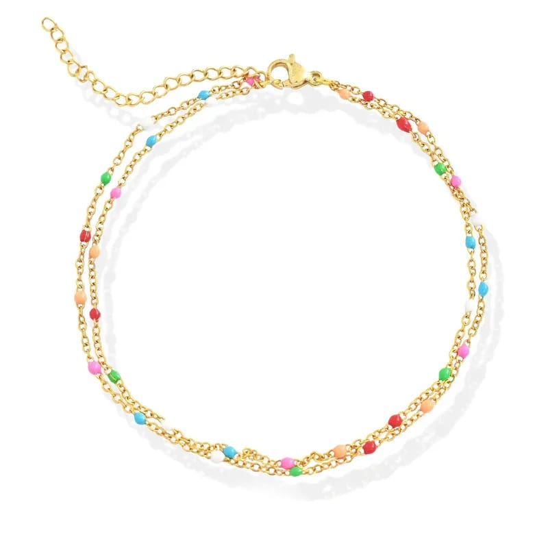New Arrivals Design Summer Jewelry 18k Gold Plated Duo Enamel Rainbow Beaded Chain Anklet For Women Body Jewelry