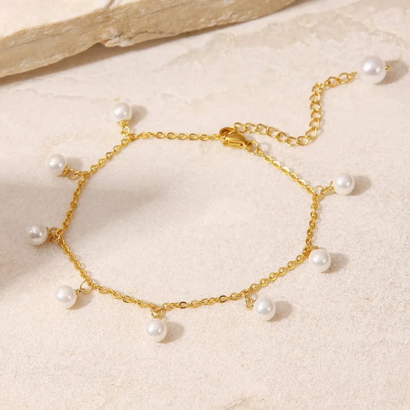 Summer Beach Jewelry Dainty 18k Gold Plated Stainless Steel Tassel Pearl Charm Chain Pendant Anklet For Women Jewelry Body Jewelry
