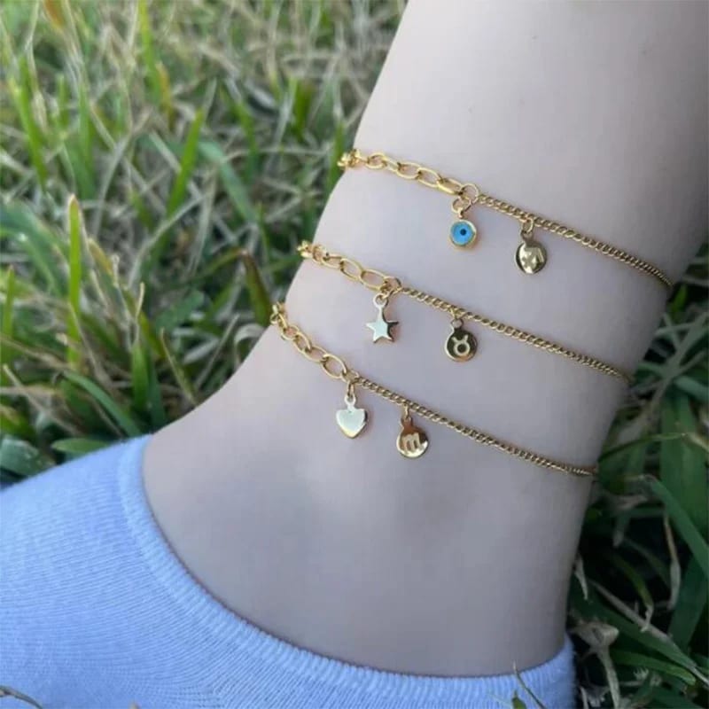 2022 Minimalist Gold Stainless Steel Zodiac Sign Heart Star Eye Jewelry Anklet For Women Girl Body Jewelry