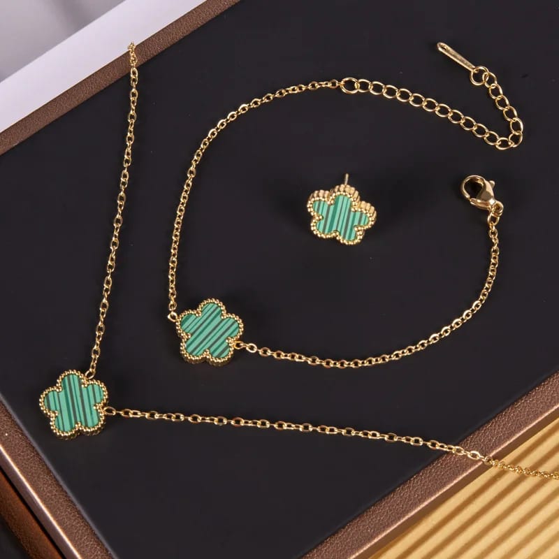 Hot Selling Stainless Steel 18k Gold Plated Green Malachite Five Leaf SXS Bracelet Necklace Earrings Jewelry Sets For Women Jewelry set