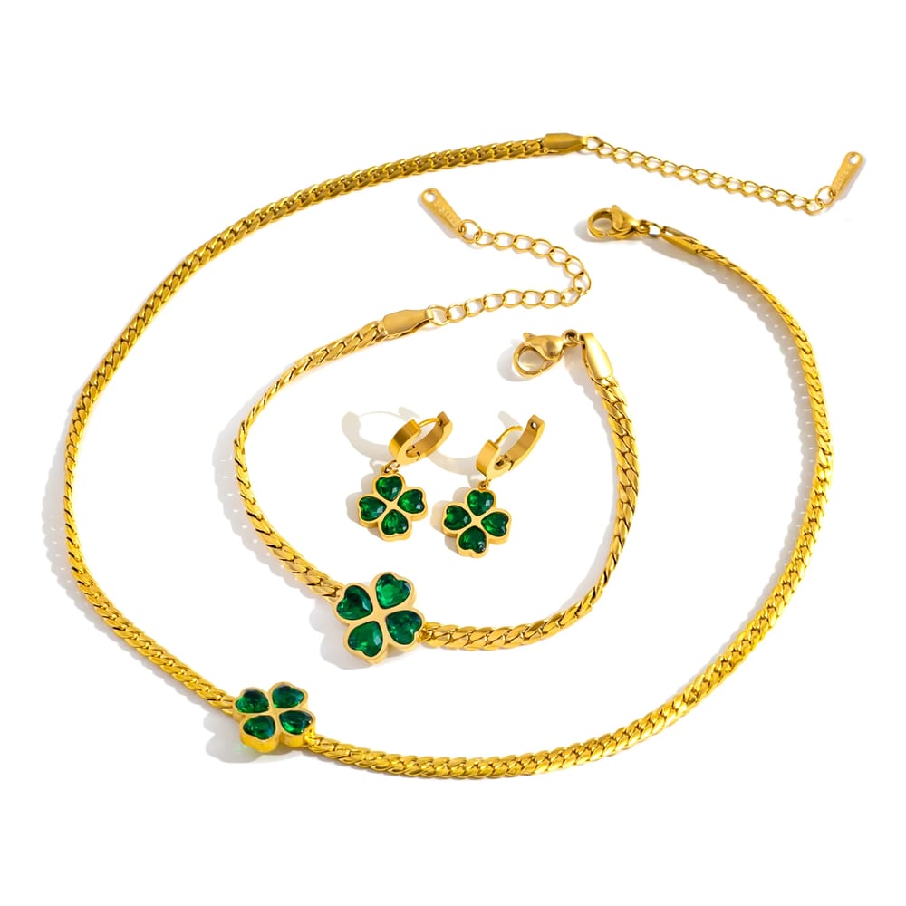 Fashion Jewelry Sets Women Stainless Steel 18k Gold Emerald Zircon Clover Flower Pendant Necklace Earrings And Bracelet Set Jewelry set