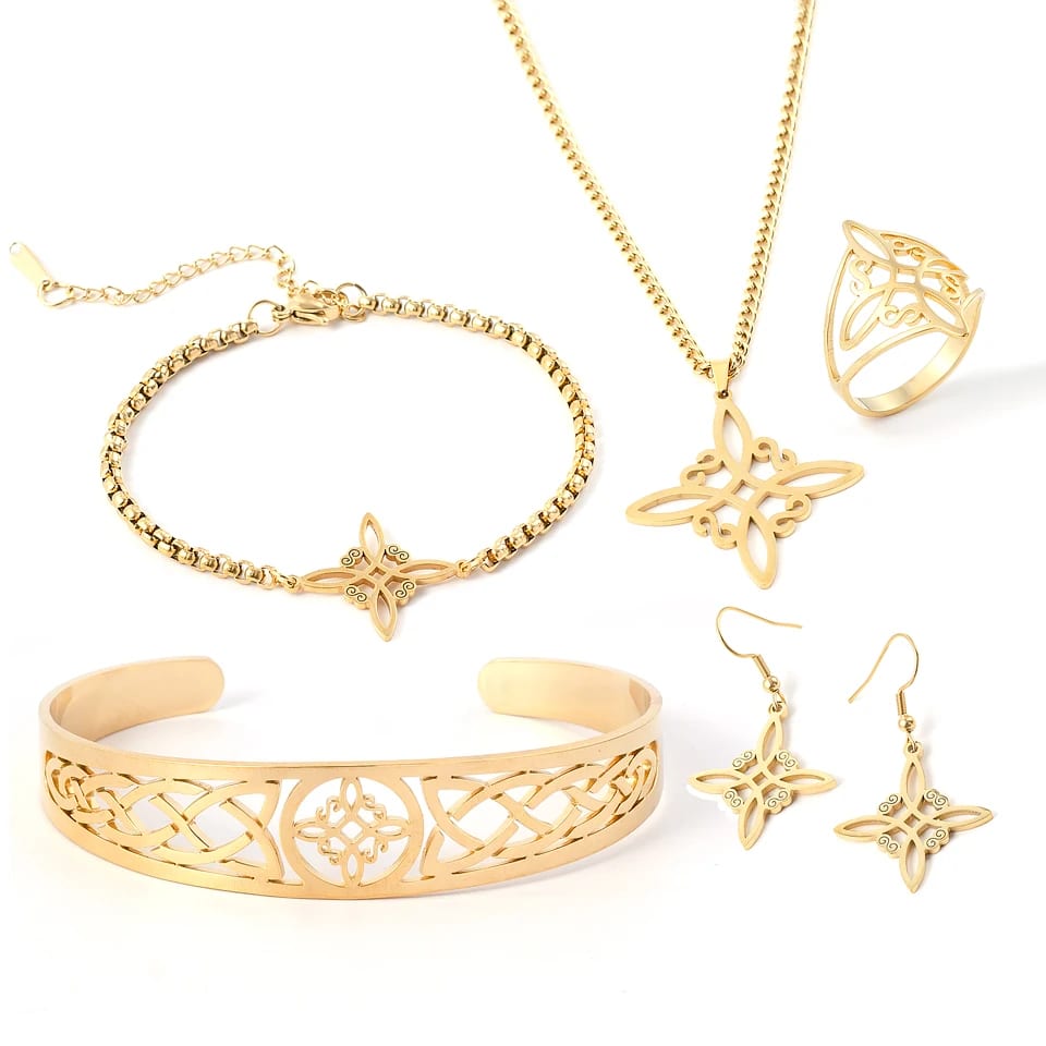 Stainless Steel 18k Gold Plated Celtic Knot Hollow Design Necklace Earrings Bracelet Jewelry Set Jewelry set
