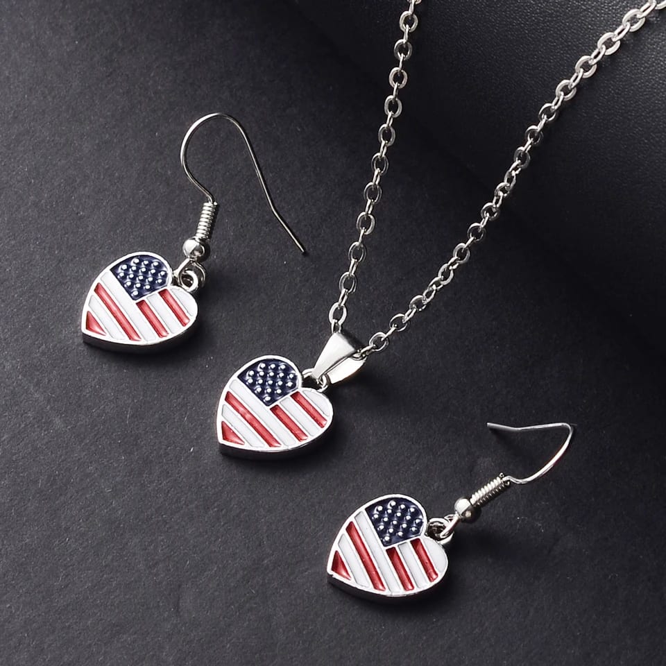 New Heart-shaped Country Flag Necklace Earrings Set American Brazil Uk Canada Flag Jewelry Set Jewelry set