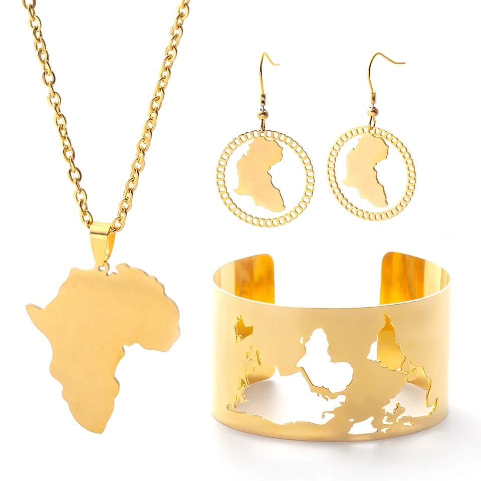 Latest Design 18k Gold Plated Stainless Steel African Map Necklace Earring Bracelet Jewelry Sets For Women Jewelry set