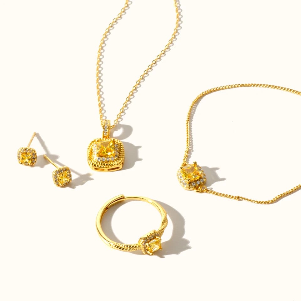 Micro Pave Cubic Zircon Jewelry Set Exquisite 18k Gold Plated Square Diamond Cz Necklace Earrings Bracelet Rings Set Jewelry set