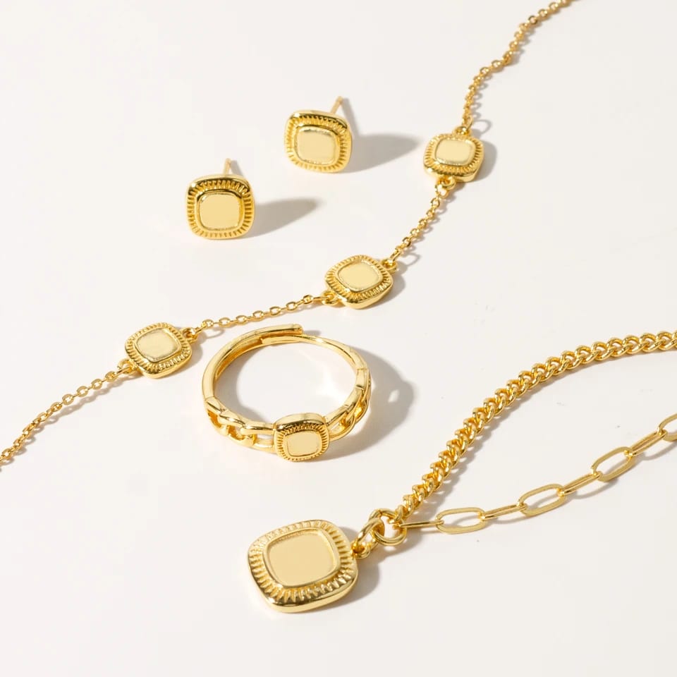 New Minimalist Fashion 18k Gold Plated Geometric Square Necklace Earrings Bracelet Rings Jewelry Set For Women Jewelry set