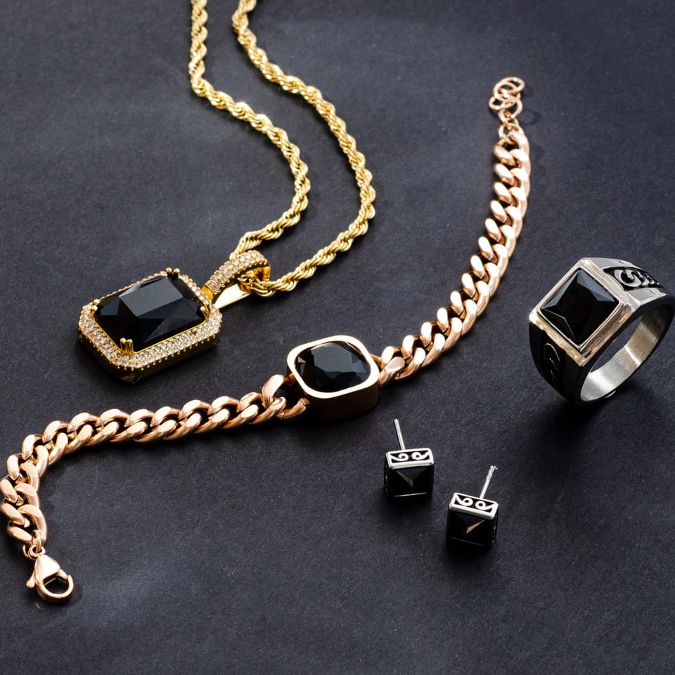 New Arrival Stainless Steel Designer Jewelry Pave Zircon Black Onyx Earrings Bracelet Necklace Rings Jewelry Set For Man Jewelry set
