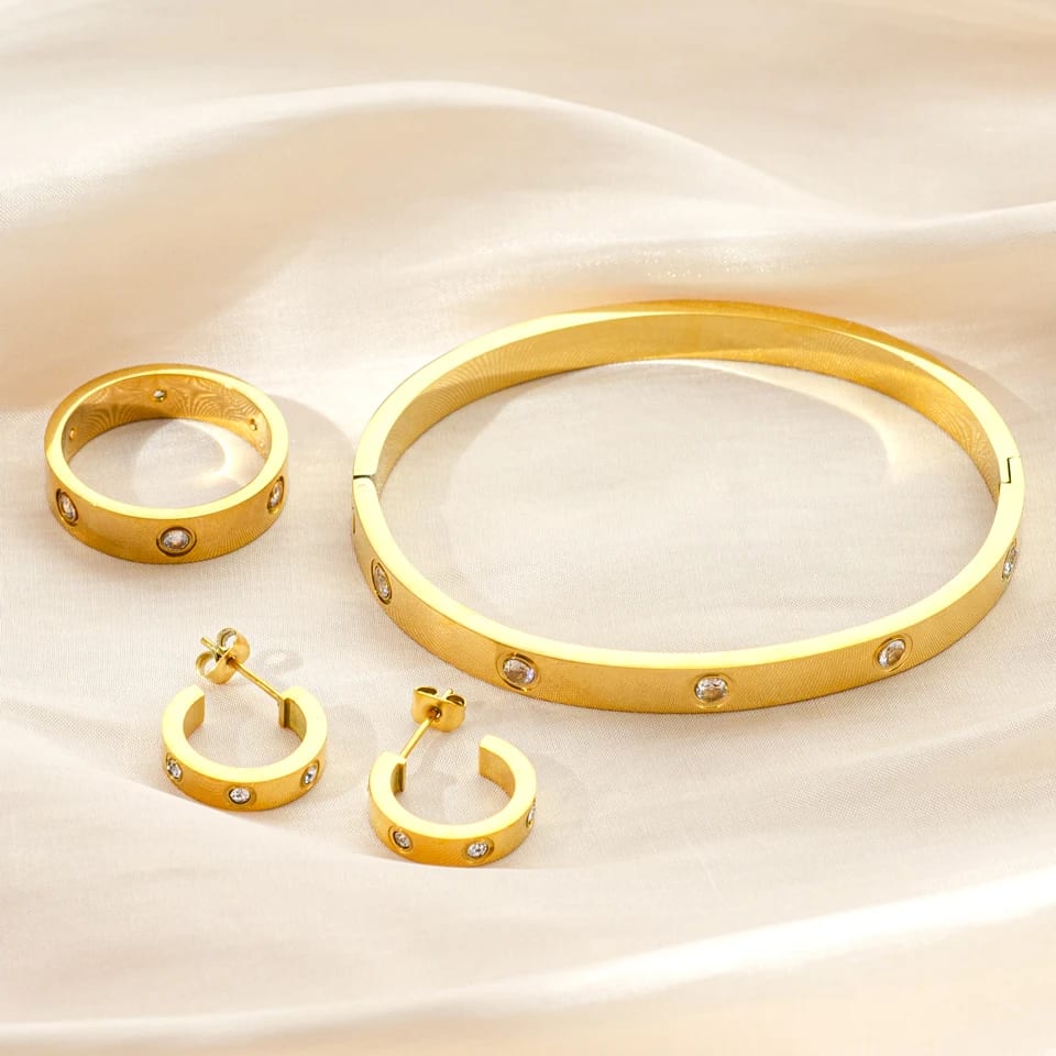 Dainty 18k Gold Plated Stainless Steel Round Bangle Inlay Zircon Clasp Cuff Bracelet Earrings Rings Women Jewelry Set Jewelry set