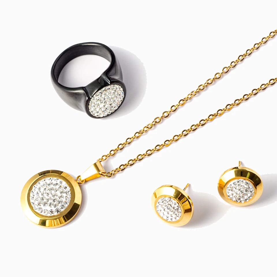 Fashion Jewellery Stainless Steel 18k Gold Plated Pave Setting Cz Diamond Necklace Earrings Rings Sets For Women And Man Jewelry set