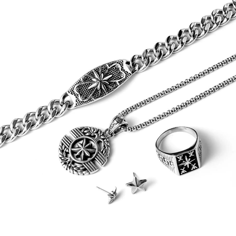 Personalized Compass Jewelry Stainless Steel Punk North Star Bracelet Necklace Earrings Rings Jewelry Set Jewelry set