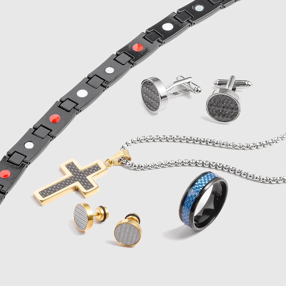 Custom 316l Stainless Steel Jewelry For Men Carbon Fibre Hammered Patterns Inlay Earrings Rings Cufflinks Bracelet Man Jewelry Jewelry set