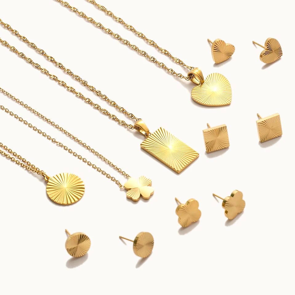 Fashion Classic Geometry Square Embossed Stainless Steel 18k Gold Plated Sunburst Necklace Earrings Jewelry Sets For Women Jewelry set