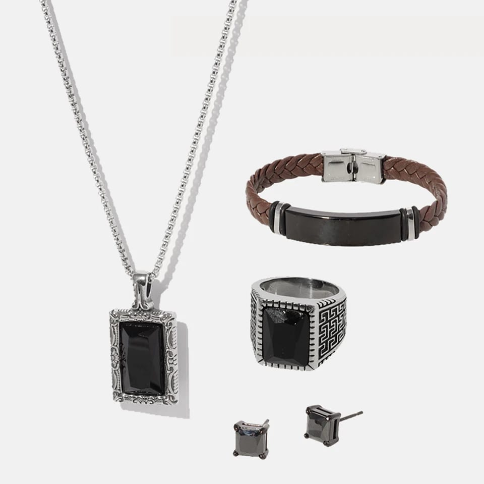 Wholesale Stainless Steel Fashion 4pcs Men Jewelry Sets Leather Bracelet Onyx Stone Necklace Earrings Rings Set Jewelry set