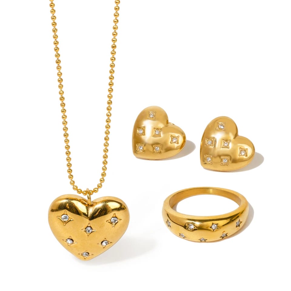 High Quality Heart Shaped Pendant Zircon Necklace 18k Gold Plated Stainless Steel Women’s Jewelry Set Jewelry set