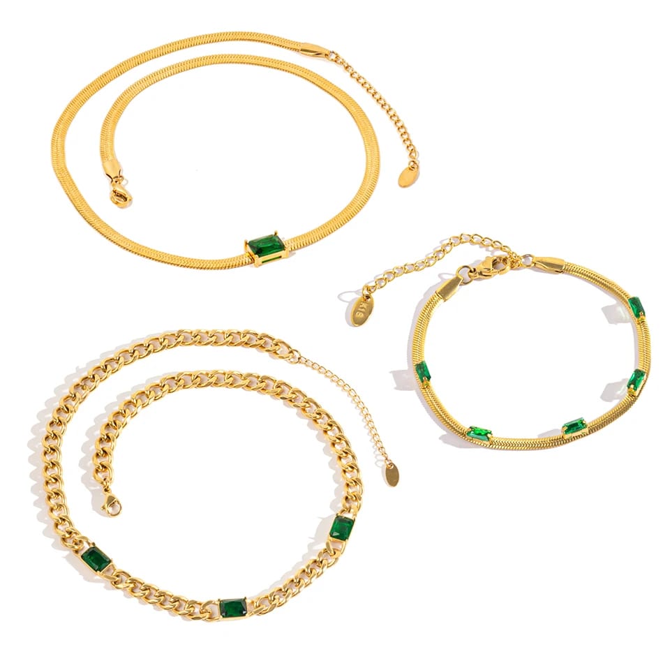 High Quality Steel Emerald Square Zircon Clavicle Chain Set 18k Gold Plated Personalize Snake Cuban Chain Bracelet Necklace Jewelry set