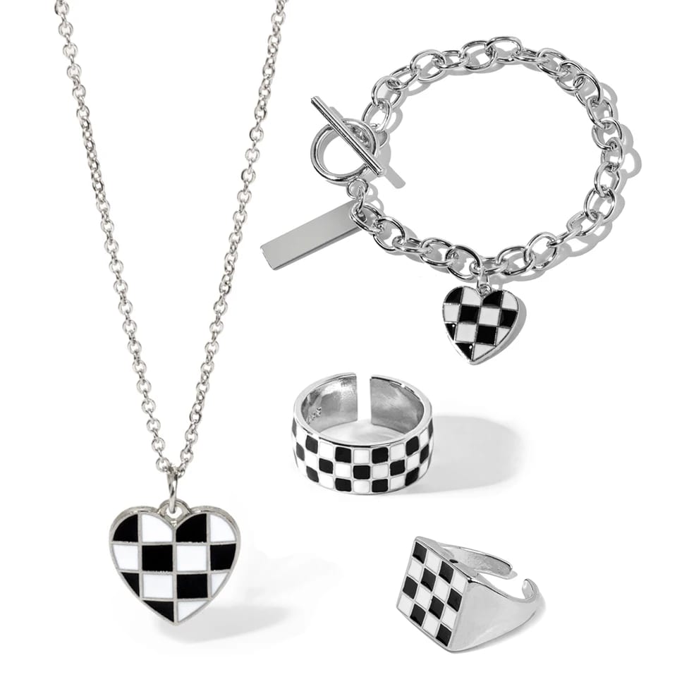 Fashion Stainless Steel Enamel Jewelry Set Jewelry Opening Chessboard Rings Heart Charms Pendant Necklace Ot Clasp Bracelet Jewelry set