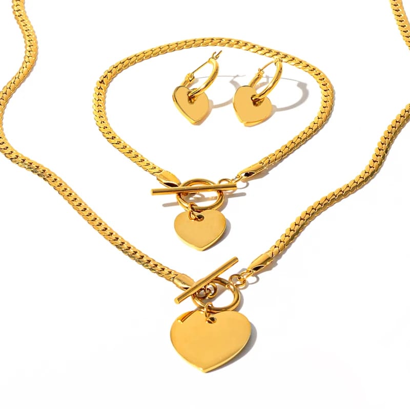 Custom Engravable Blank Heart Charm Ot Toggle Flat Snake Chain 18k Gold Plated Stainless Steel Jewelry Set For Women Jewelry set