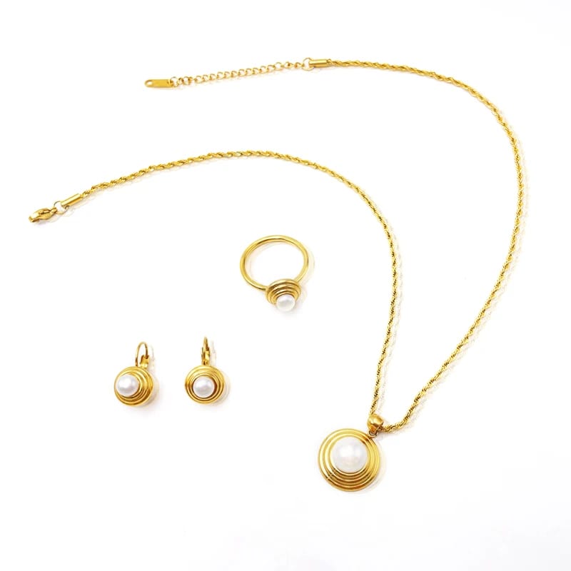High Quality 18k Gold Plated Pearl Jewelry Set Waterproof Stainless Steel Jewelry Necklace Earrings Rings Jewelry Pearl Sets Jewelry set