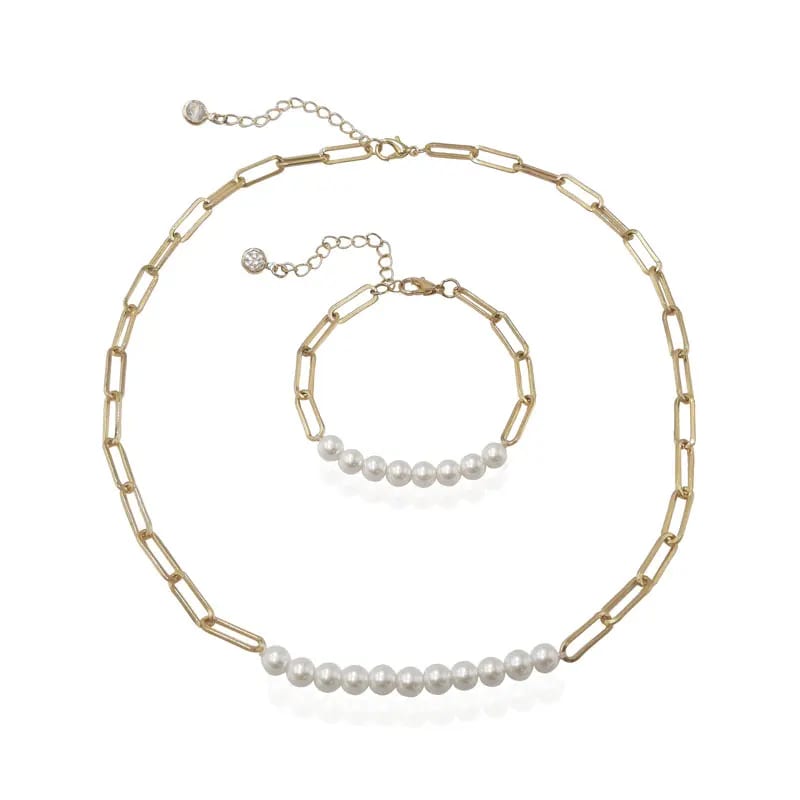 Fashion Fine Jewelry Jewelry Sets Women’s 14k Gold Plated Paper Clip Pearl Chain Necklace Bracelet Set Jewelry For Girl Friend Jewelry set