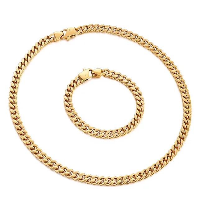 Manufacture Fine 18k Gold Plated Necklace Chain Set Stainless Steel Cuban Link Jewelry Set Jewelry set