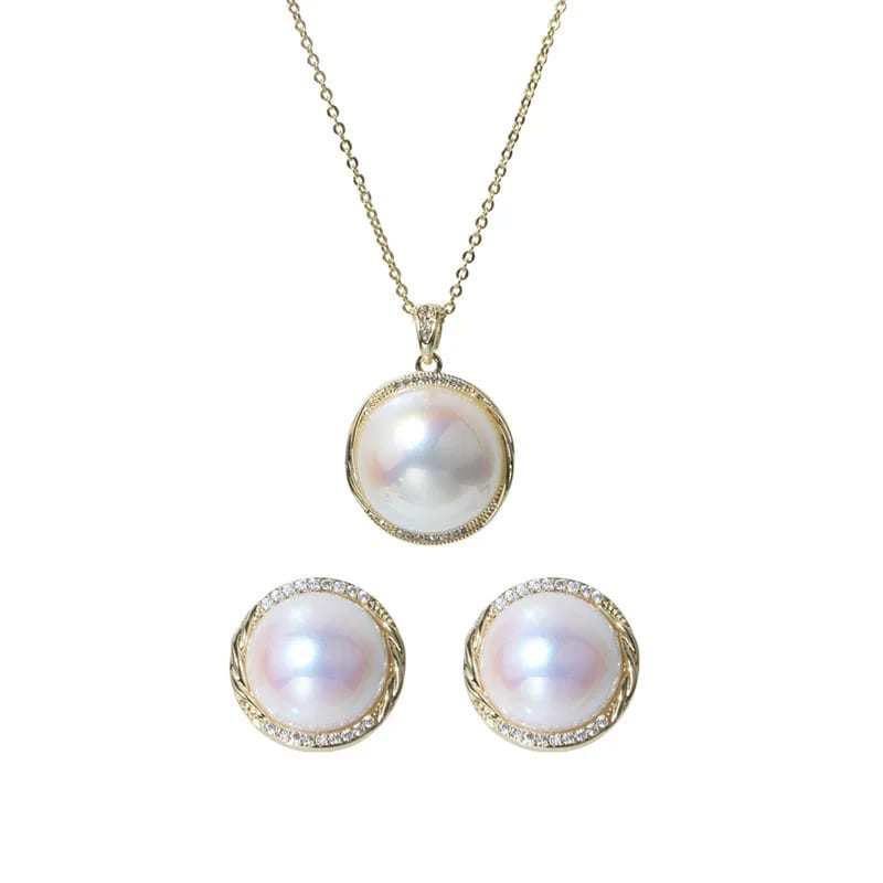 2022 New Trendy Zircon Imitation Mabe Pearl Pendant Stud Earrings Necklace Sets For Women Jewelry Jewelry set