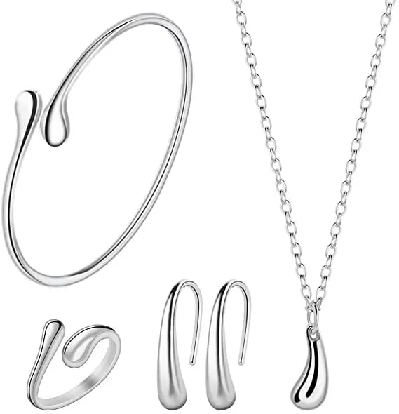 Custom Fashion 4 Sets Teardrop Shape Ring Bracelets Women Necklace Men Earring Silver Wedding Jewelry Set 18k Gold Plated Jewelry set