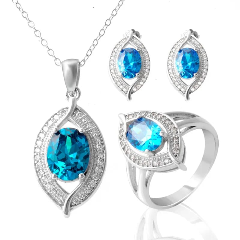 Sterling Silver Blue Sapphire Cz Wedding Jewelry Sets For Bridal Jewelry set