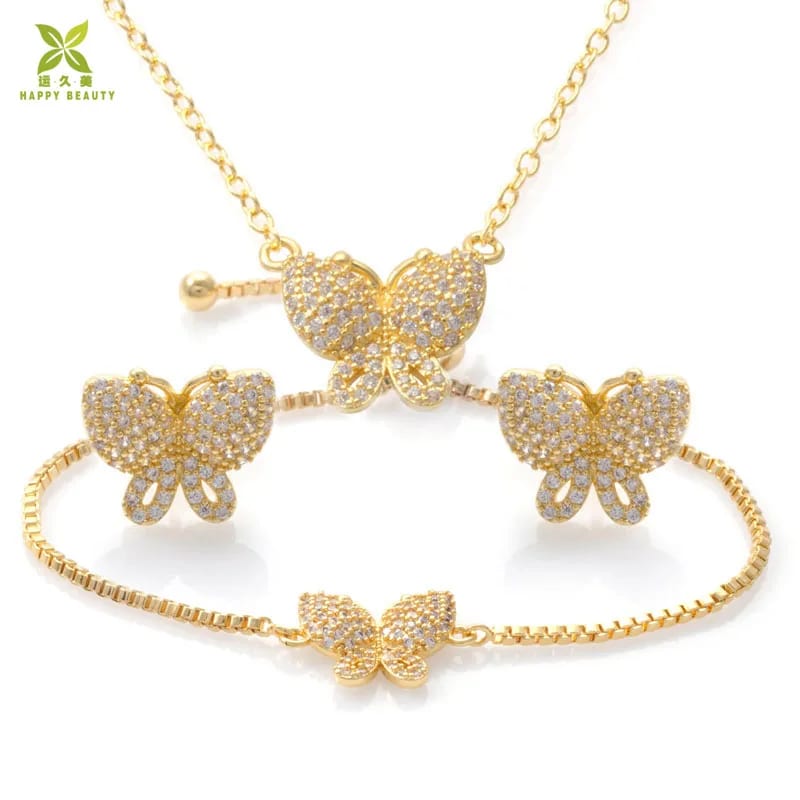 New Fashion Jewelry Gold Plated Earring Bracelet And Pendant Necklace Jewelry Sets With Butterfly Design For Girls Jewelry set