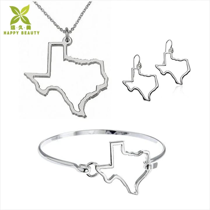 Texas Shaped State Necklace Dangle Earrings Bangle Bracelet Set Jewelry set