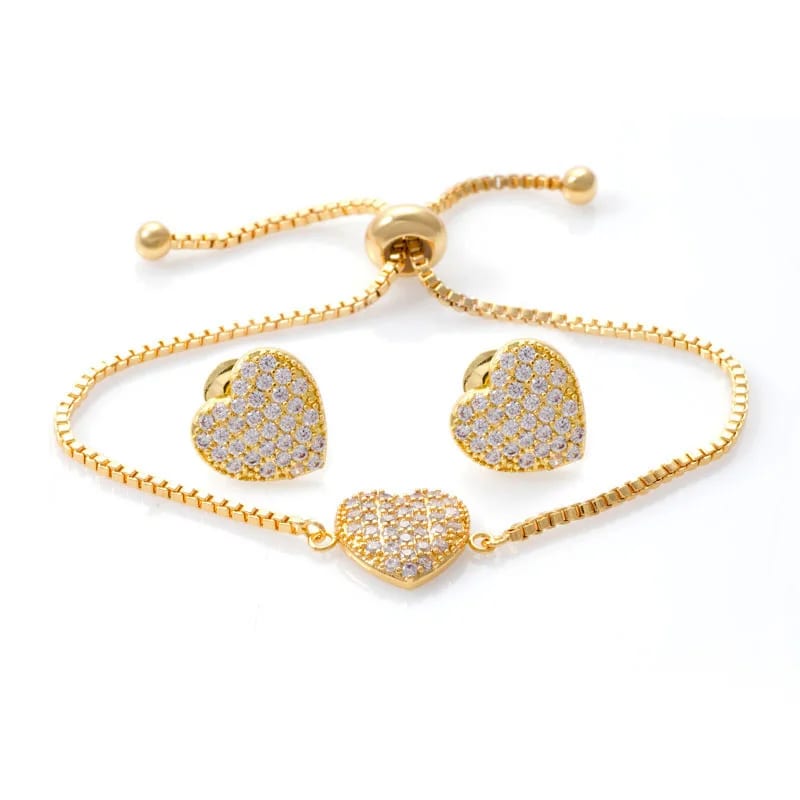 New Arrived Gold Heart Chain Bracelet And Stud Earrings For Girls And Women Jewelry set