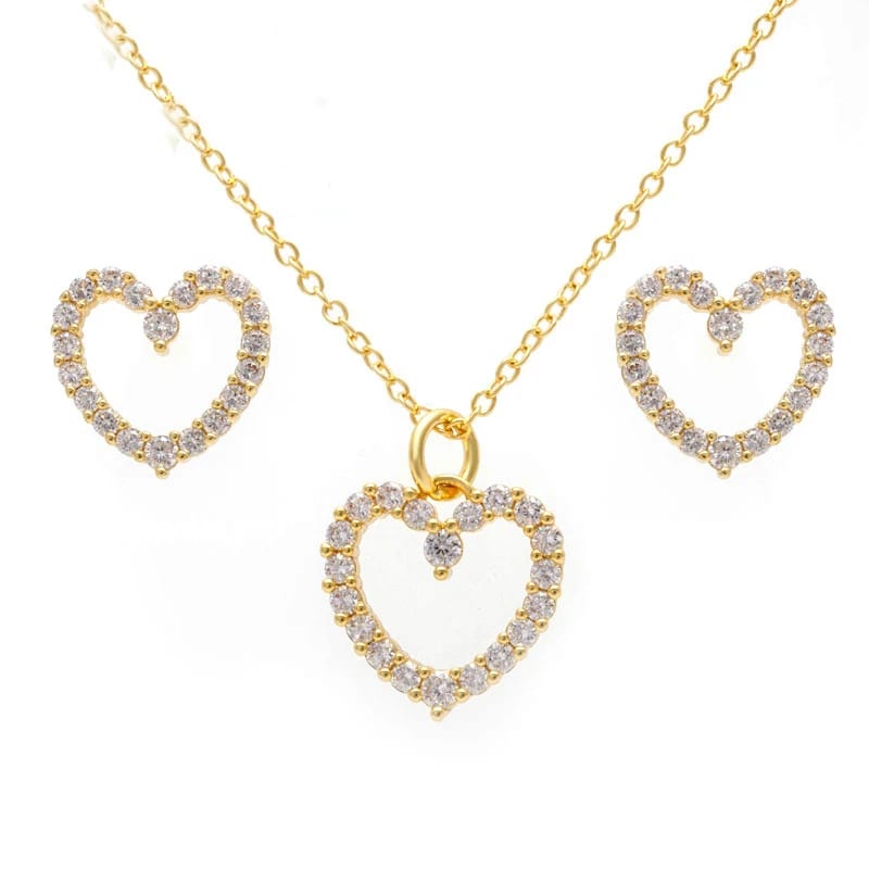 Gold Plated Jewelry Cubic Zirconia Heart Earring Necklace 925 Sterling Silver Jewelry Jewelry set