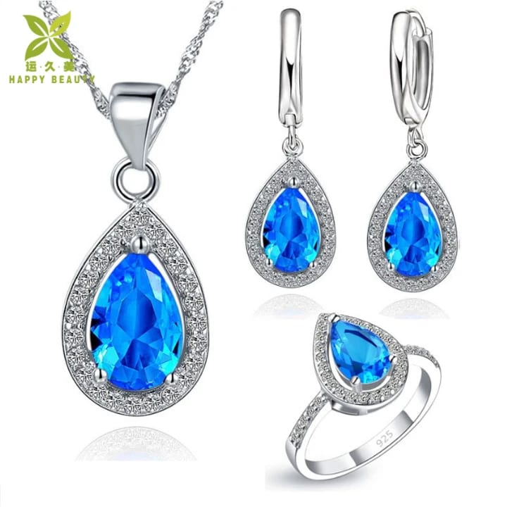 Fashion Indian Blue Garnet Pink Stone Necklace Earring Rings Jewelry Set For Women Jewelry set