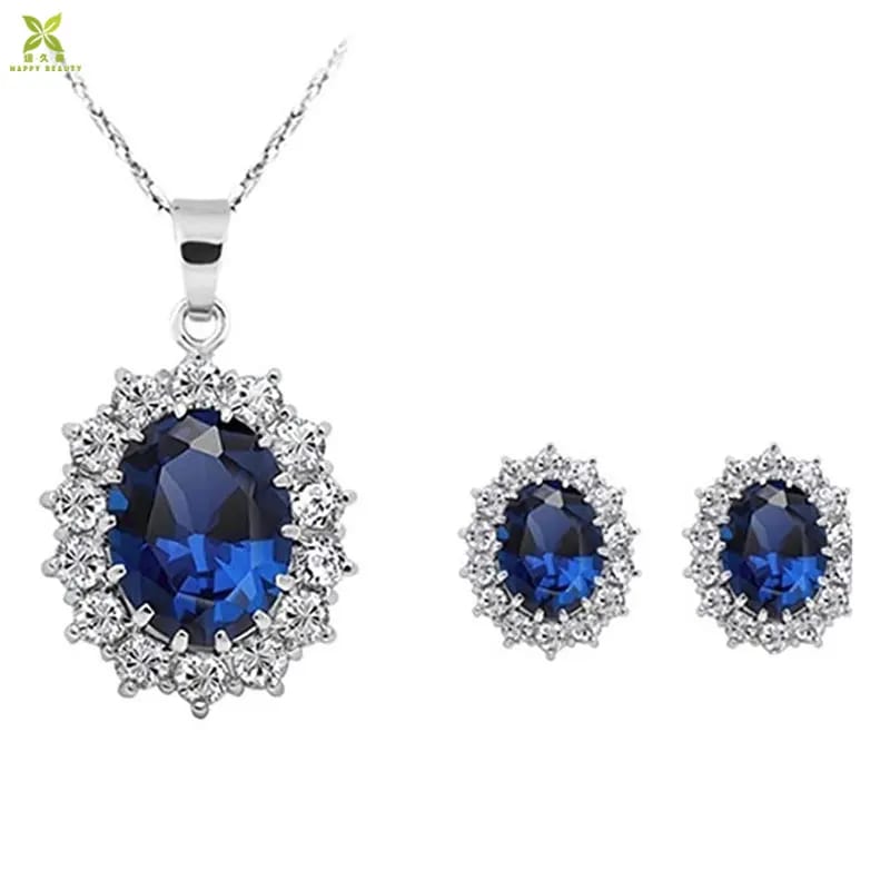 Fashion Sterling Silver Blue Sapphire Cz Necklace Earrings Set Wholesale Jewelry set
