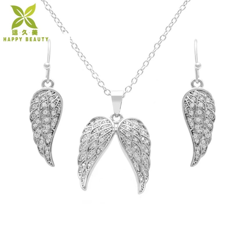 Customize Cz Angel Wing Feather Necklace Earings Jewelry Silver Set Jewelry set