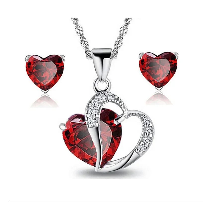 Artificial Double Heart Pendant Necklace Gemstone Ruby Emerald Sapphire Earring Jewelry Set Jewelry set
