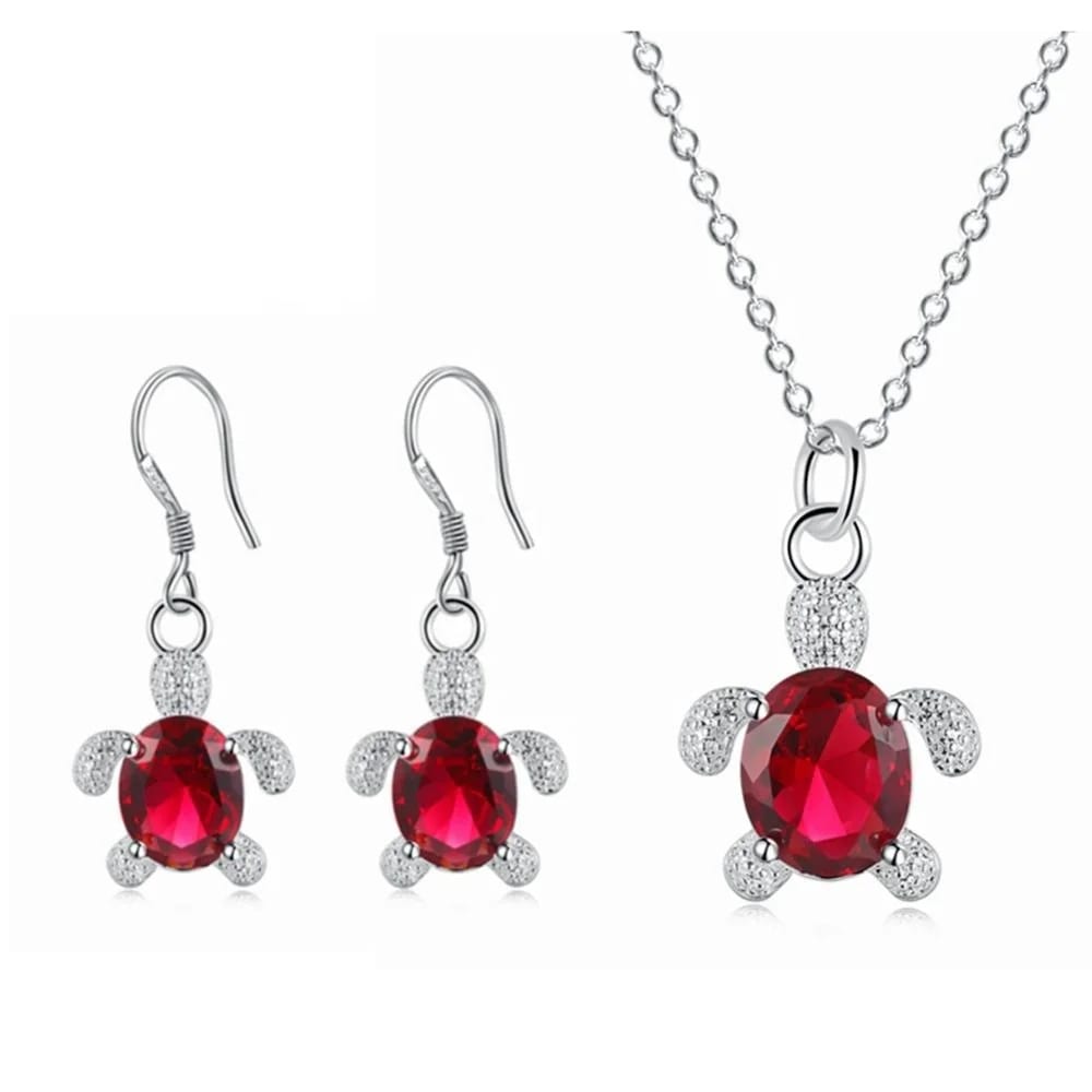 Animal Tortoise Pendant Necklace And Earring Jewelry Set With Ruby Gemstone In Sterling Silver Material Jewelry set