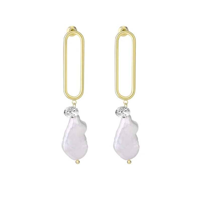 Modern Elegant Sterling Silver Gold Wire Irregular Pearl Earring Jewelry set