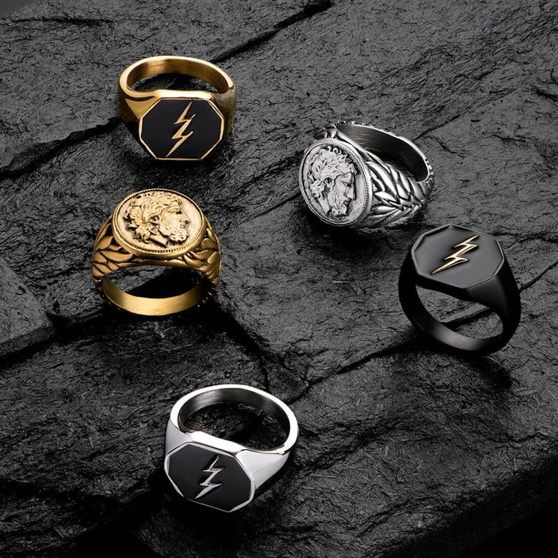 Custom Men’s Rings Hexagon Shaped Signet Ring Stainless Steel Real 18k Gold Plated Thunderbolt Ring Ring