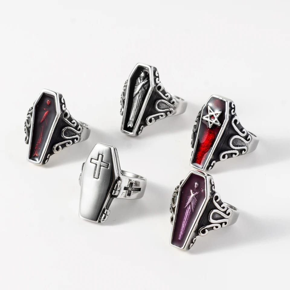 Wholesale Men Stainless Steel Retro Punk Coffin Rings Gothic Zombie Vampire Skull Biker Ring Ring