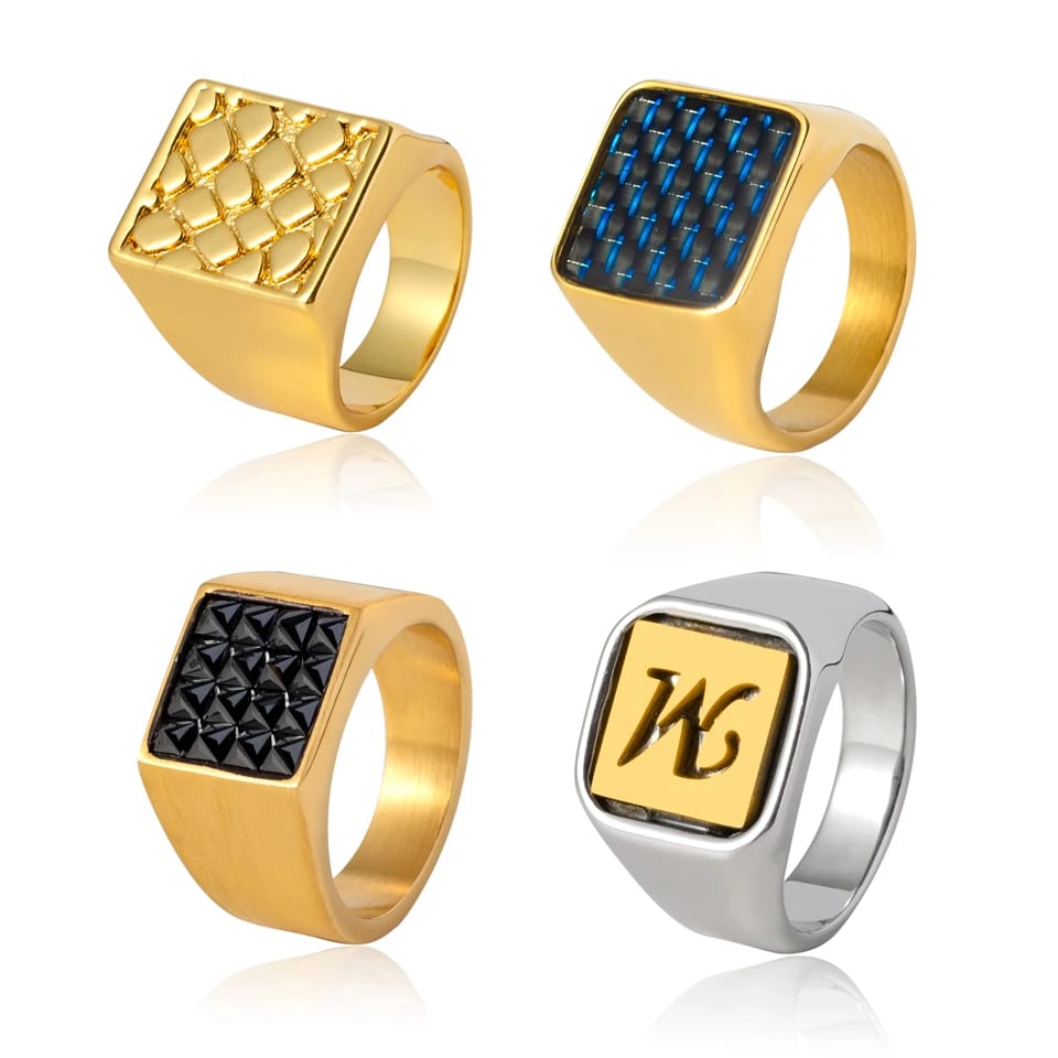 Hot Selling Stainless Steel Black Square Carbon Fiber Checkerboard Design Ring Fashion Men Gold Plated Ring Ring