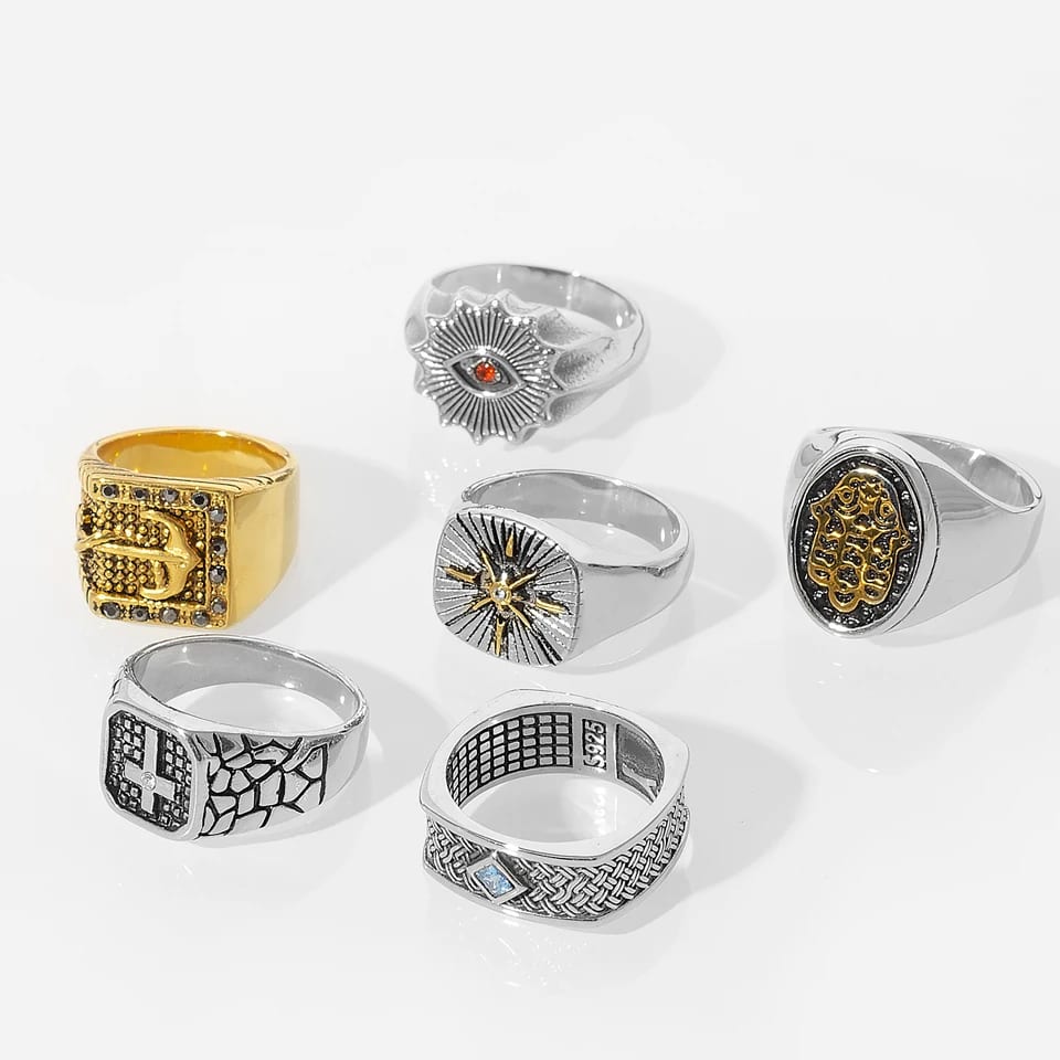 Custom Engraved Logo Unique Compass Cross Hamsa Hand Evils Eye Anchor Design Stainless Steel Jewelry Ring For Men Ring
