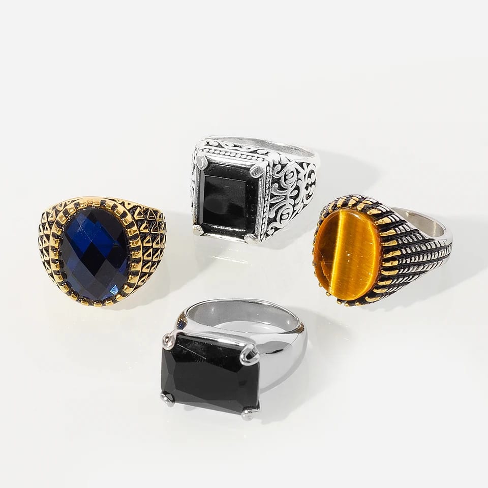 Factory Wholesale Multi Styles Natural Gemstone Rings For Men Fashion Vintage Stainless Steel Stone Ring Ring
