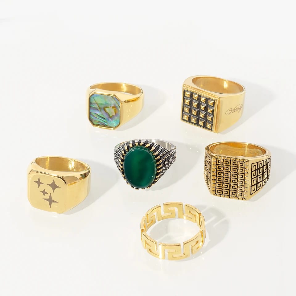 Vintage Oval Green Onyx Ring 18k Gold Plated Argius Ring Stainless Steel Mens Signet Rings Ring