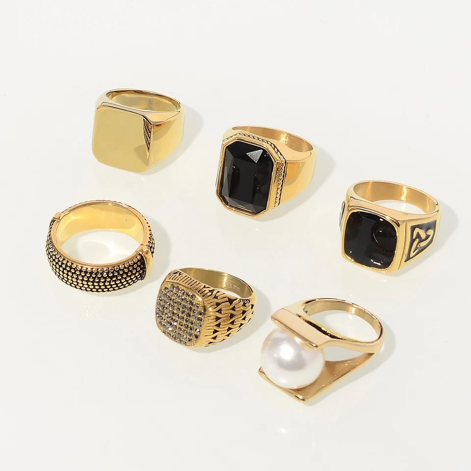 Classic Mens Crystal Pearl Black Onyx Blank Signet Rings Stainless Steel 18k Gold Plated Rings For Men Ring